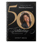 50th Birthday Elegant Black Gold Script Guestbook