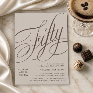 50th Birthday Elegant Calligraphy Taupe Espresso Invitation
