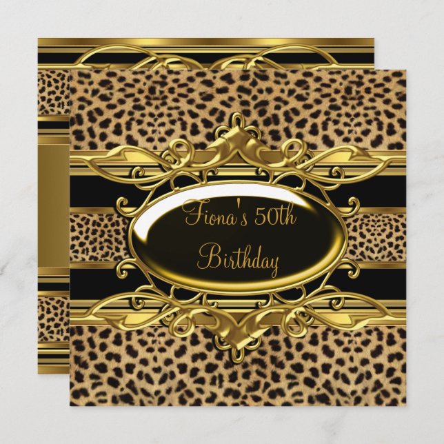 50th Birthday Elegant Classy Gold Black Leopard Invitation (Front/Back)