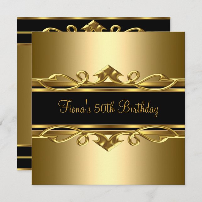 50th Birthday Elegant Classy Ornate Gold Black 2 Invitation (Front/Back)