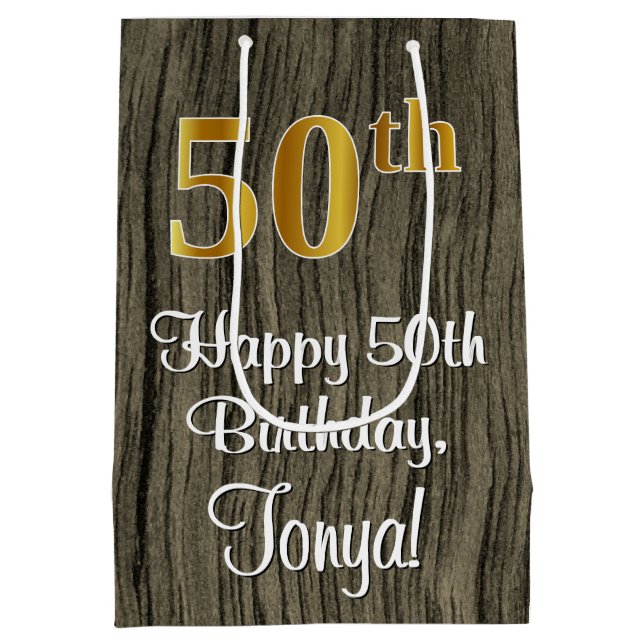50th Birthday: Elegant Faux Gold Look #, Faux Wood Medium Gift Bag (Back)