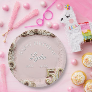 50th Birthday Elegant Floral Papercut Style Paper Plate
