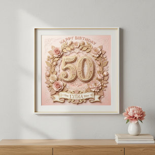 50th Birthday Elegant Floral Papercut Style Poster