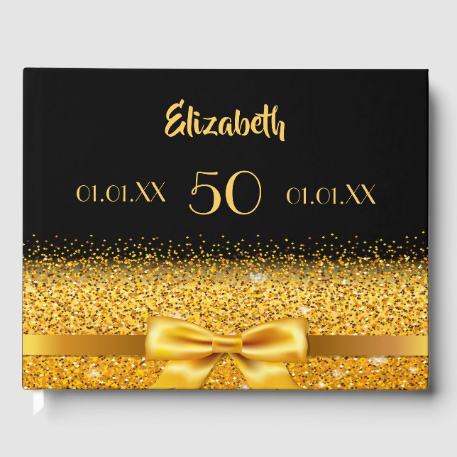 50th birthday elegant gold bow and ribbon on black guest book (Front)