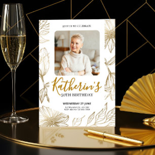 50th Birthday Elegant Gold Floral Photo Invitation