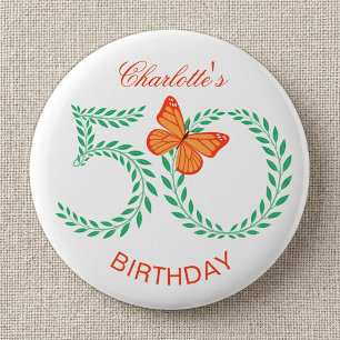 50th Birthday Elegant Greenery Botanical Butterfly 6 Cm Round Badge
