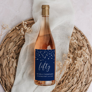 50th Birthday Elegant Navy Blue Silver Confetti Wine Label