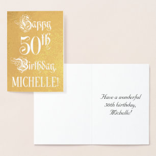 50th Birthday: Elegant, Ornate Script; Custom Name Foil Card