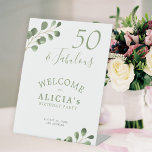 50th birthday elegant party welcome pedestal sign<br><div class="desc">Rustic modern minimalist watercolor eucalyptus greenery foliage 50th (or any age) adult birthday party table top welcome sign.</div>
