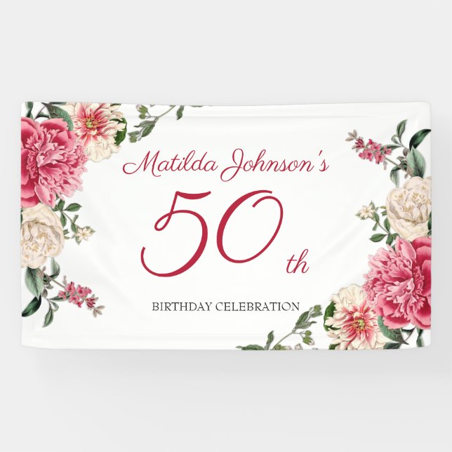 50th Birthday Elegant Pink White Floral Botanical Banner (Horizontal)