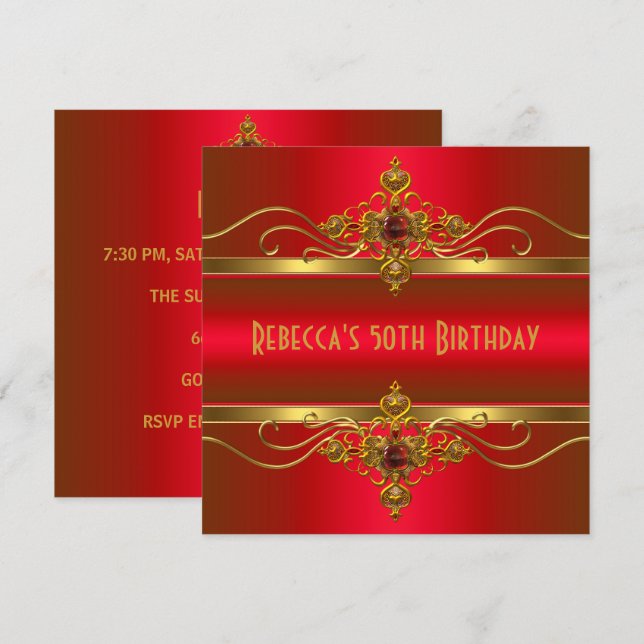 50th Birthday Elegant Rich Red Velvet Gold Jewel Invitation (Front/Back)