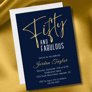 50th Birthday Elegant Script Navy and Gold Invitation