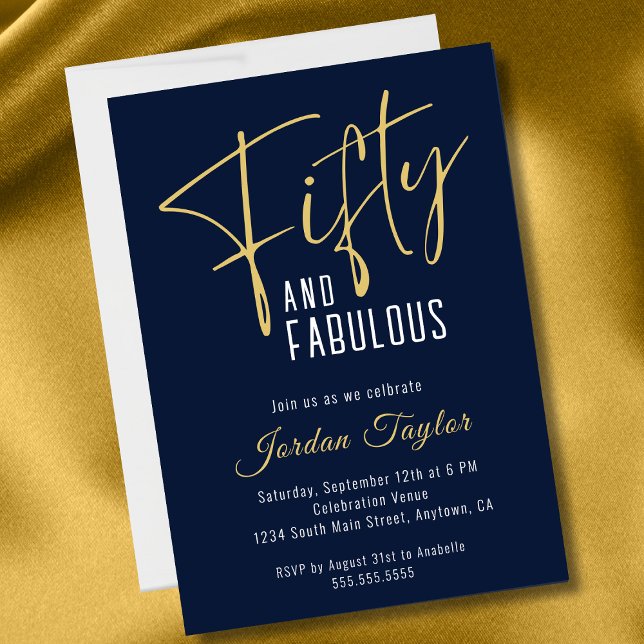 50th Birthday Elegant Script Navy and Gold  Invitation (Creator Uploaded)