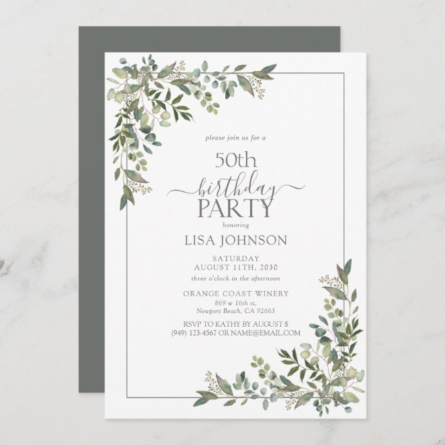 50th Birthday Eucalyptus Sage Green Botanical Invitation (Front/Back)
