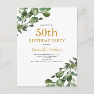 50th Birthday Eucalyptus Watercolor Invitation Postcard