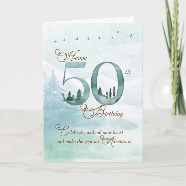 50th Birthday Evergreen Pines and Deer Nature Card (Front)