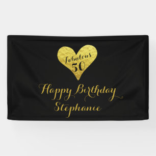 50th Birthday Fabulous 50 Black Faux Gold Heart Banner