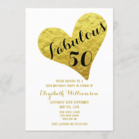 50th Birthday Fabulous 50 White| Faux Gold Heart