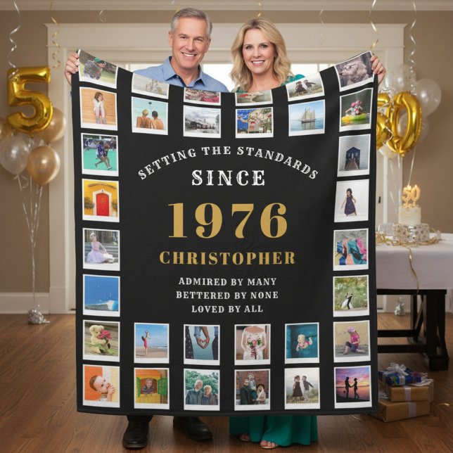 50th Birthday Family Memories Photo Collage  Fleece Blanket (born 1976 black fleece blanket held by a couple.)