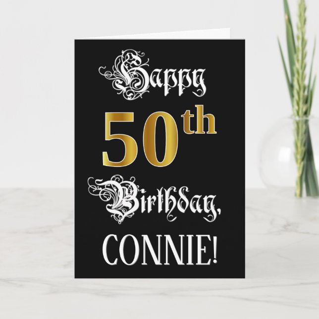 50th Birthday — Fancy Script; Faux Gold Look; Name Card (Front)