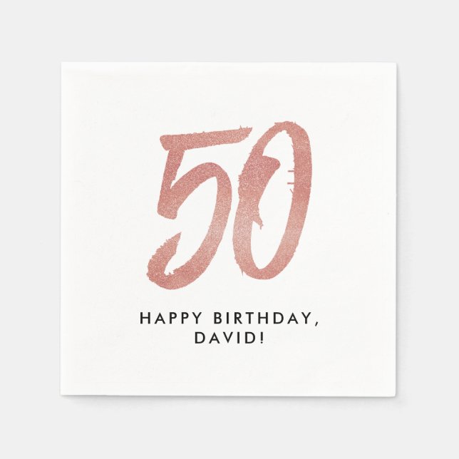 50th birthday faux rose gold glitter personalised napkin (Front)