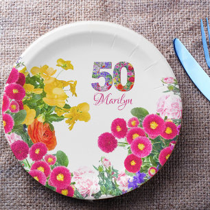 50th birthday feminine floral modern party  paper plate