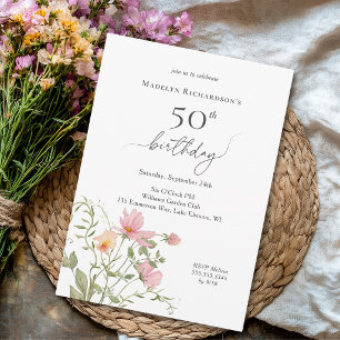 50th Birthday Feminine Watercolor Wildflower Invitation