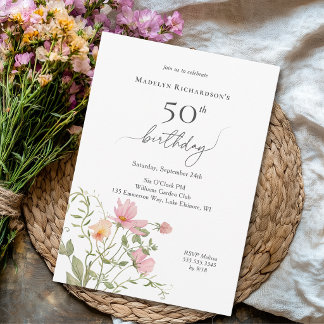 50th Birthday Feminine Watercolor Wildflower Invitation