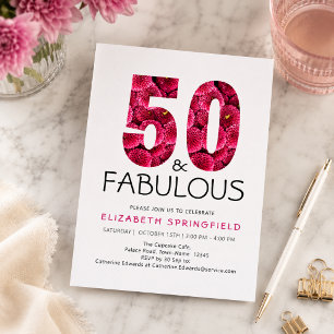 50th Birthday Fifty and Fabulous Pink Floral Invitation