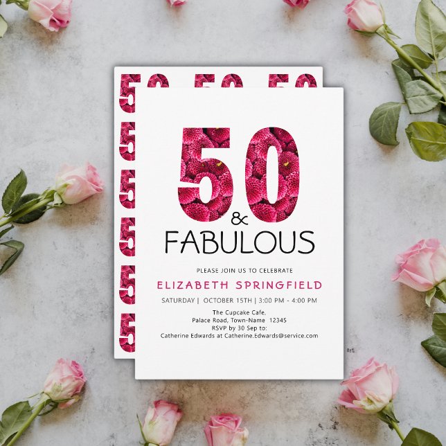 50th Birthday Fifty and Fabulous Pink Floral Invitation (Add your details to personalize your invitation)