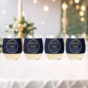 50th Birthday Fifty and Fine Navy Gold Set of 4 Stemless Wine Glass
