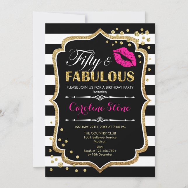 50th Birthday - Fifty Fabulous Black Pink Gold Invitation (Front)