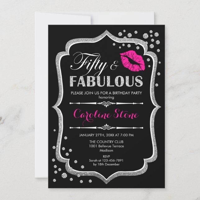 50th Birthday - Fifty Fabulous Black Pink Silver Invitation (Front)