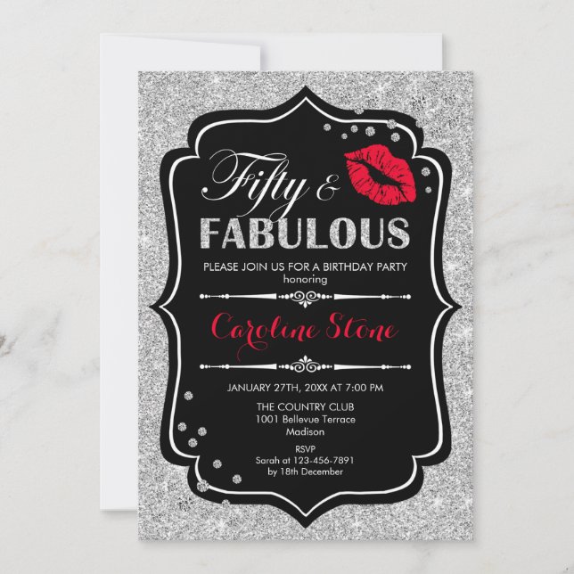 50th Birthday - Fifty Fabulous Black Red Silver Invitation (Front)