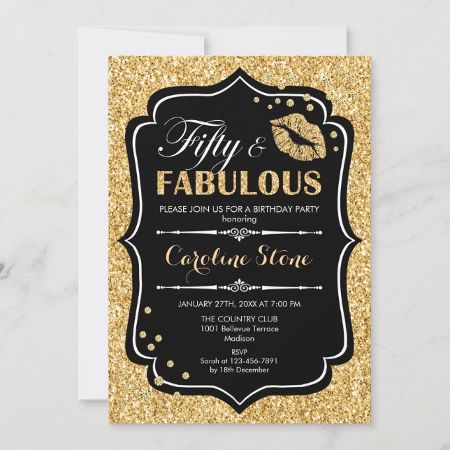 50th Birthday - Fifty Fabulous Gold Black Invitation (Front)