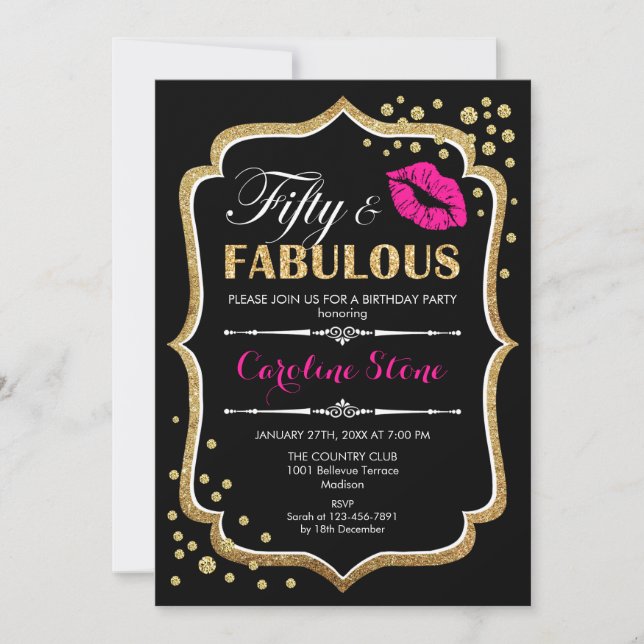 50th Birthday - Fifty Fabulous Gold Black Pink Invitation (Front)