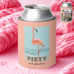 50th Birthday Fifty Fabulous Pink Flamingo Photo Can Cooler