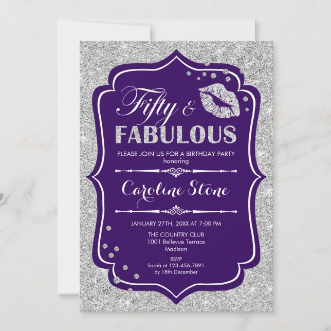 50th Birthday - Fifty Fabulous Purple Silver Invitation (Front)