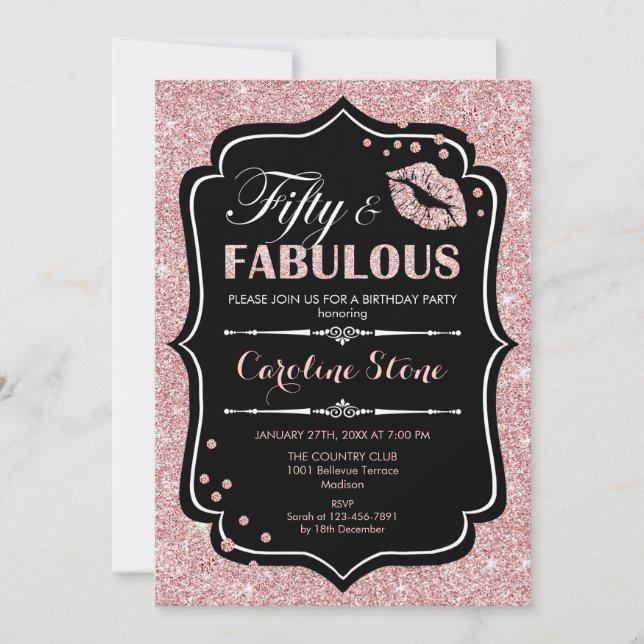 50th Birthday - Fifty Fabulous Rose Gold Black Invitation (Front)