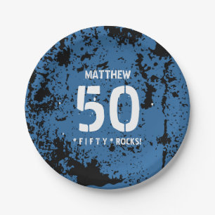 50th Birthday Fifty Rocks BLUE Grunge Pattern F50Z Paper Plate