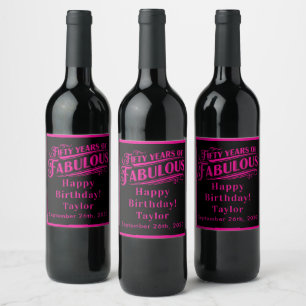50th Birthday Fifty Years of Fabulous Pink Black Wine Label
