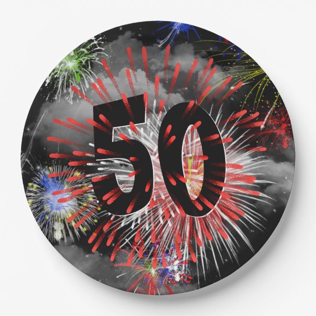 50th Birthday Fireworks In Clouds Paper Plate (Front)