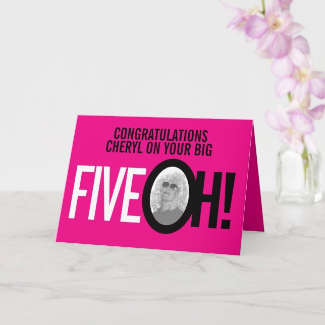 50th birthday FIVE OH! photo pink retro Card (Orchid)