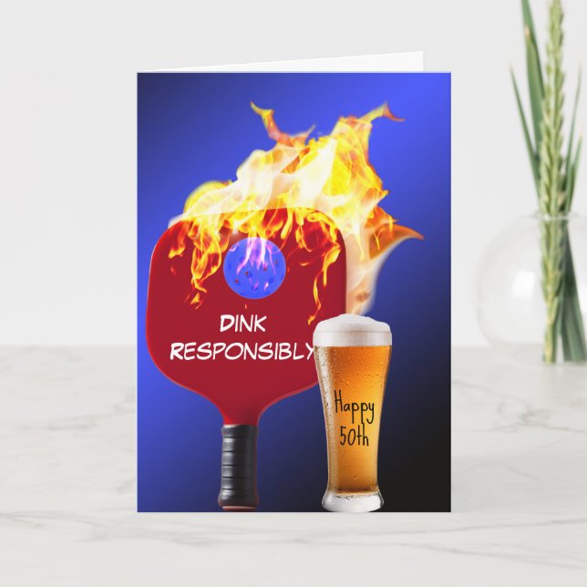 50th Birthday Flaming Pickleball Paddle Card (Front)