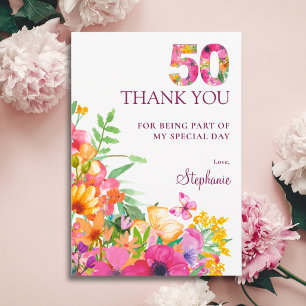 50th Birthday Floral 50 Butterfly Appreciation Thank You Card