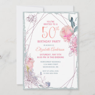 50th Birthday Floral Blush Rose Watercolor Party Invitation