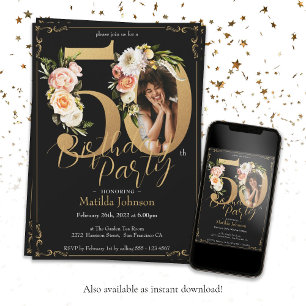 50th Birthday Floral Boho Photo Custom Invitation