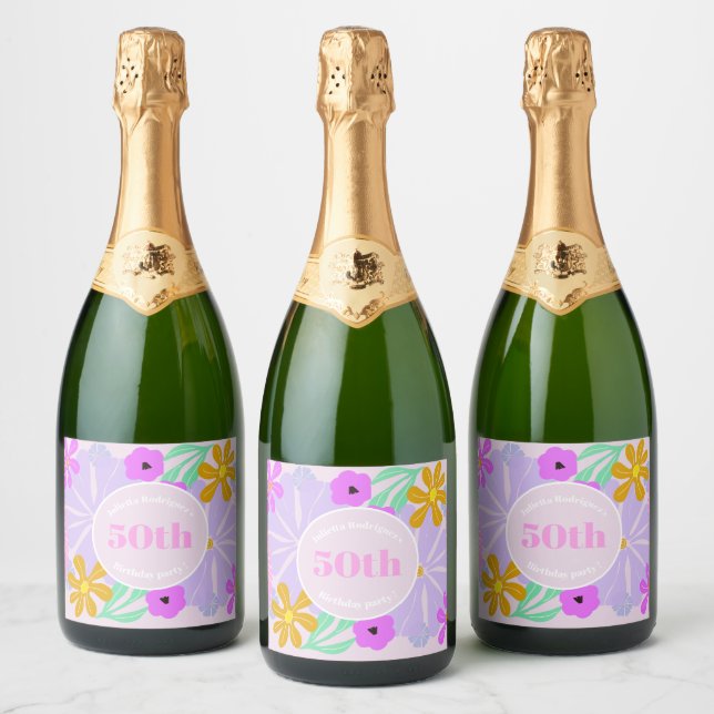 50th birthday floral cute romantic pink  sparkling wine label (Bottles)