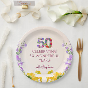 50th birthday floral modern 50 years party elegant paper plate
