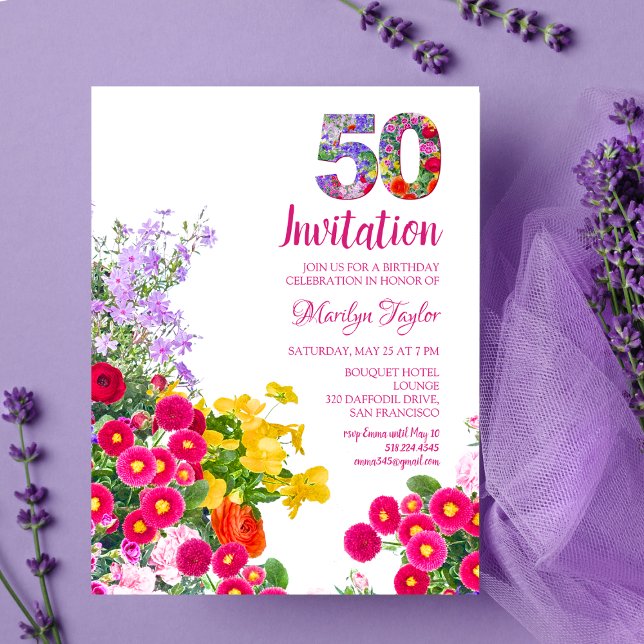 50th birthday floral modern invitation postcard (Creator Uploaded)